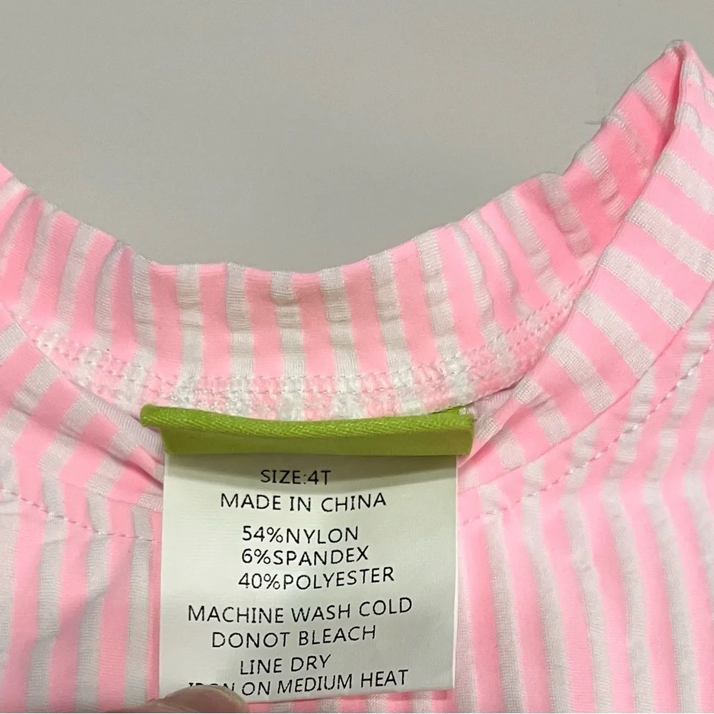 Pink Striped Kids 2 piece bathing suit with monogrammed “B” - Picture 6 of 7